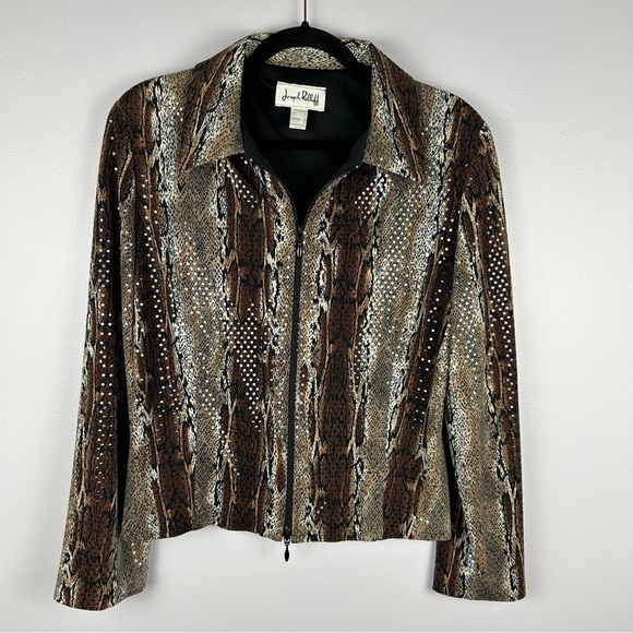 Joseph Ribkoff Brown Sequin Snake Skin Print Full Zip Jacket Size 14 - Picture 2 of 12